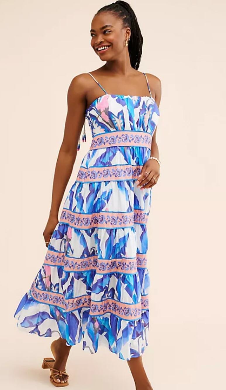 Blue and White Farm Rio Foliage Midi Dress Beaded tassel tie straps S